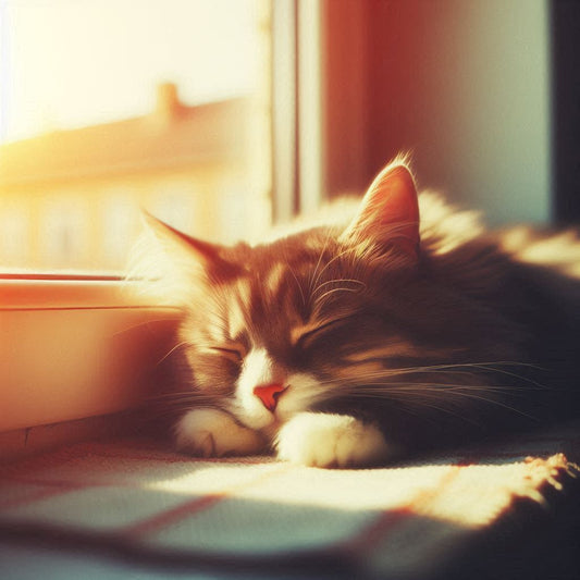 A sleeping cat  lying in the sun on a windowsill in mid-day, retro color palettes, shallow depth of field, blurred background