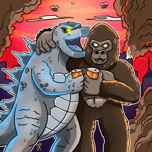 AI image of Godzilla drinking a beer with Kong