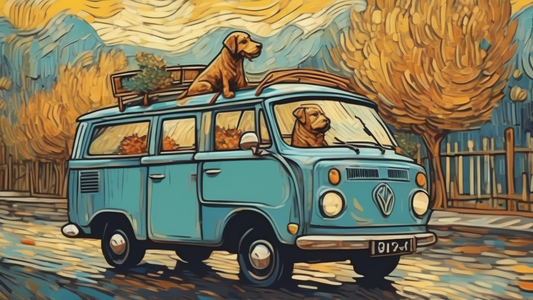AI IMAGE OF A PAINTING OF A DOG DRIVING A VOLKSWAGON BUS